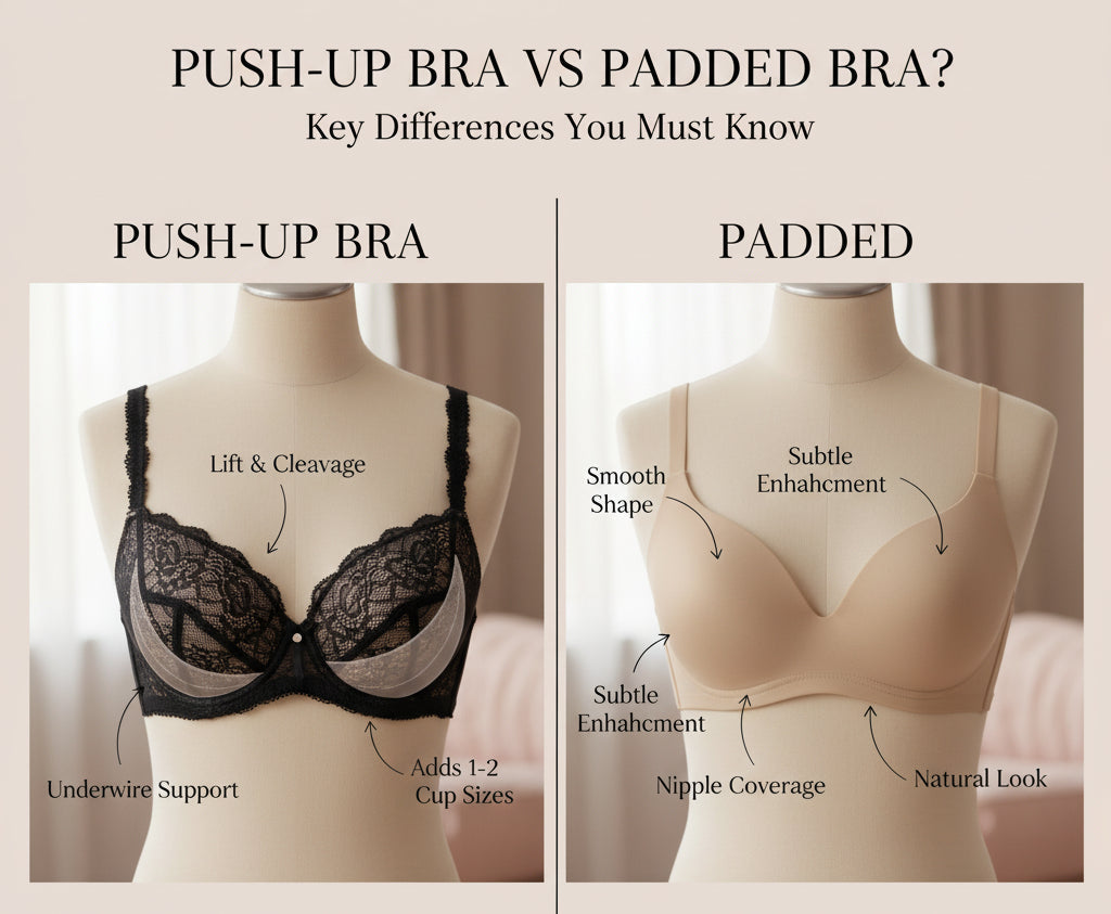 A visual comparison of a black lace push-up bra and nude seamless padded bra