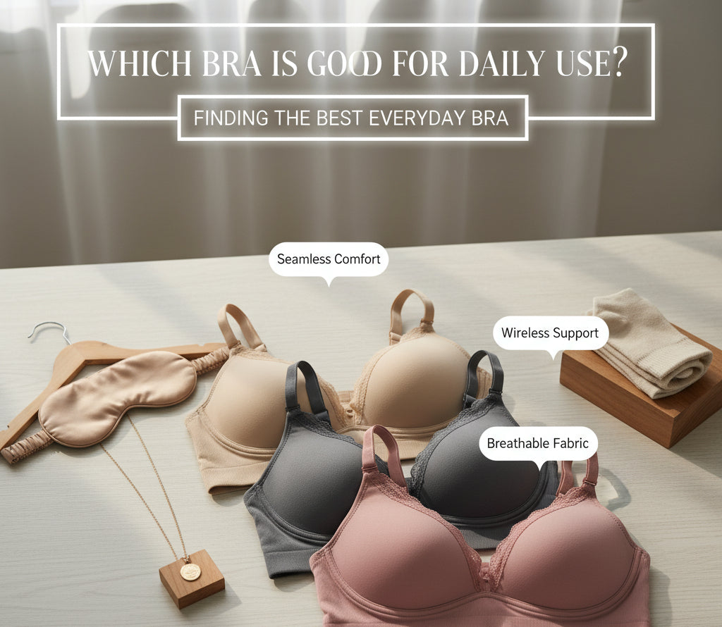 A selection of comfortable, soft, and wireless bras in neutral tones on a dresser, highlighting options for daily wear with text overlays.