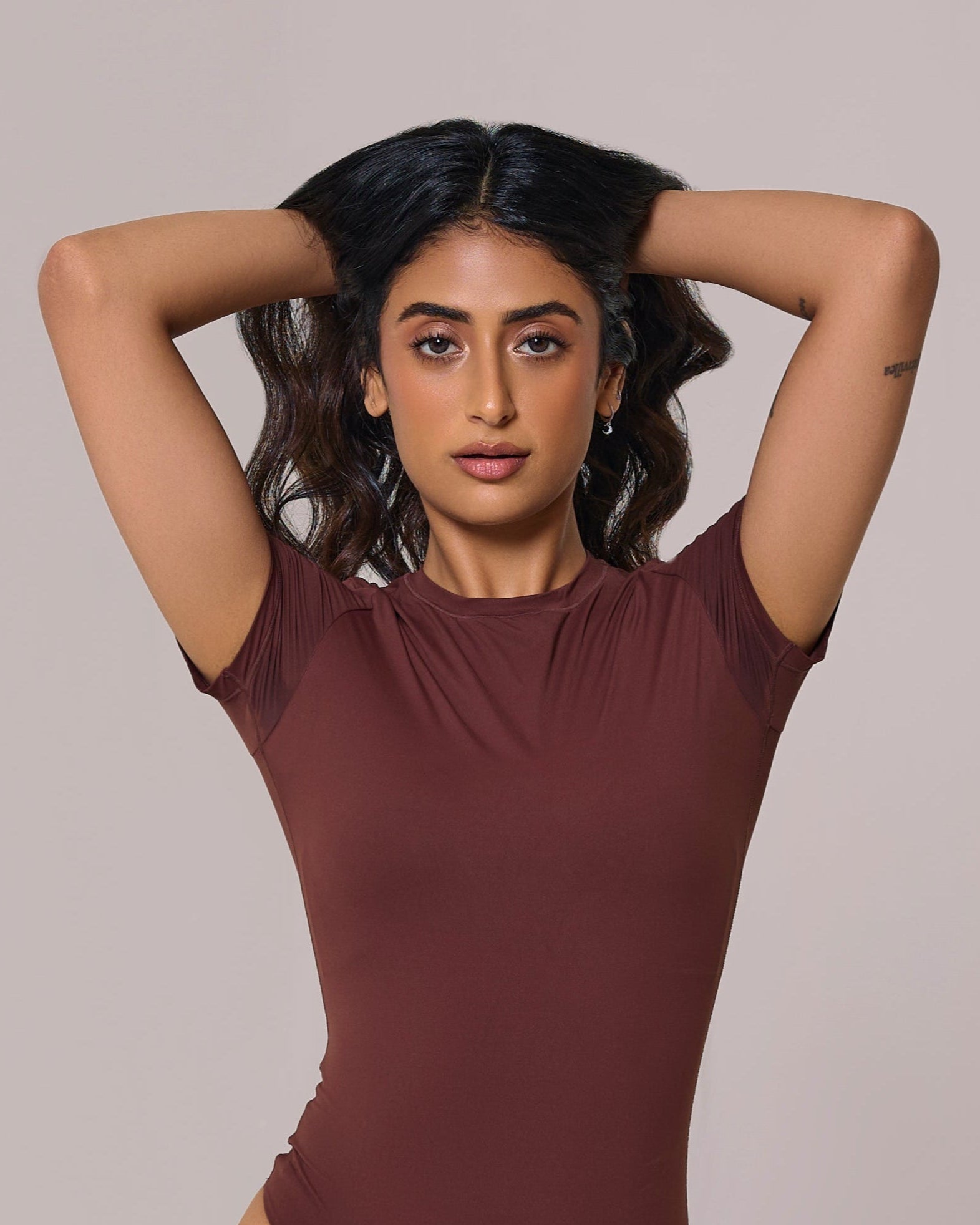 cap sleeves bare bodysuit in brown color