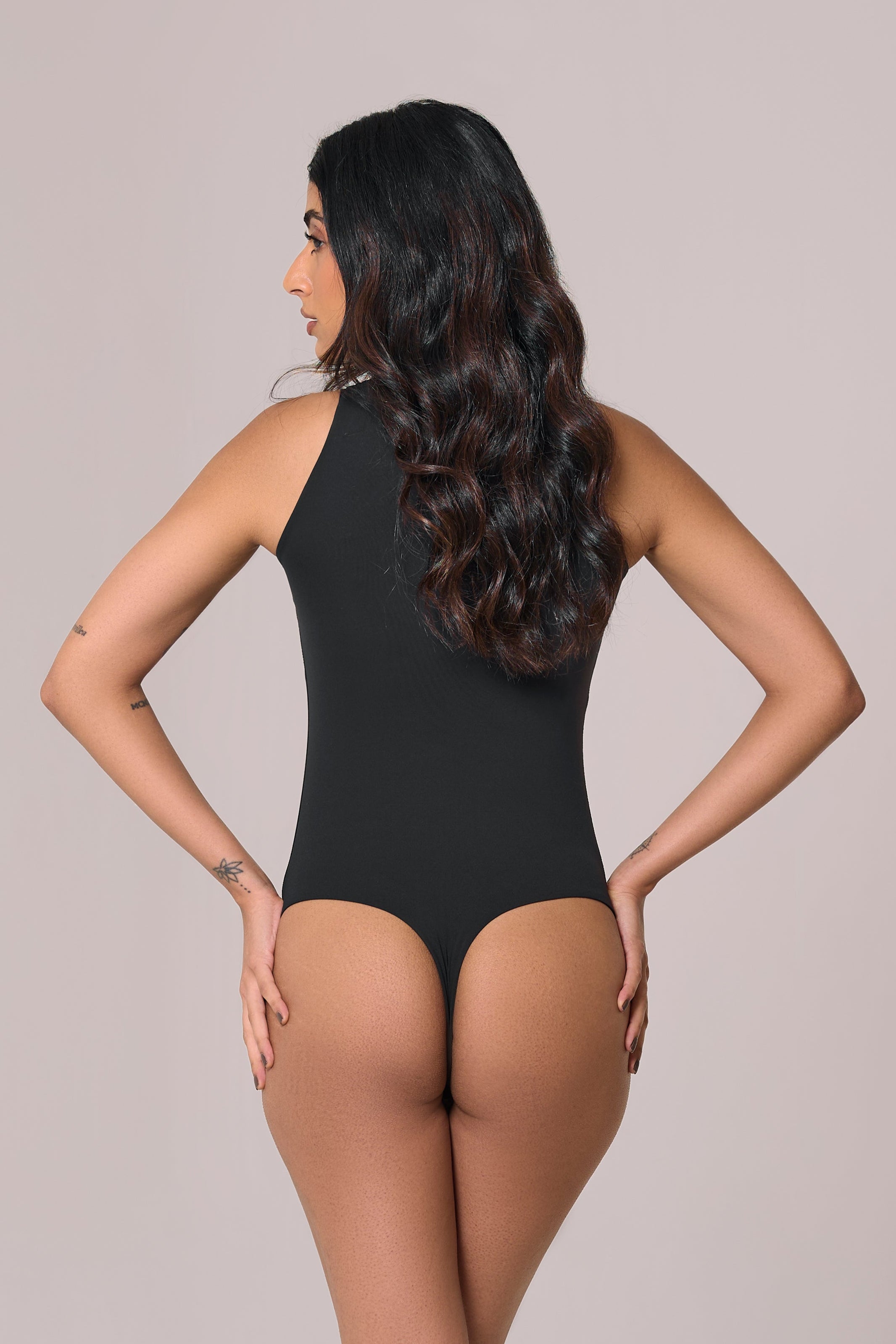 sleeveless bare bodysuit black color back side view