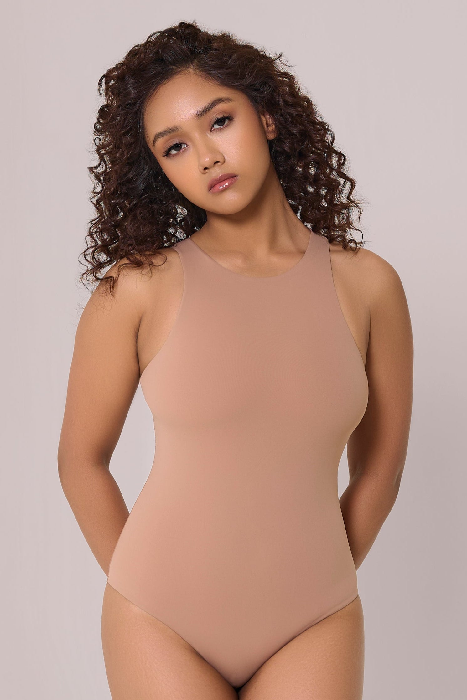 sleeveless bare bodysuit in beige