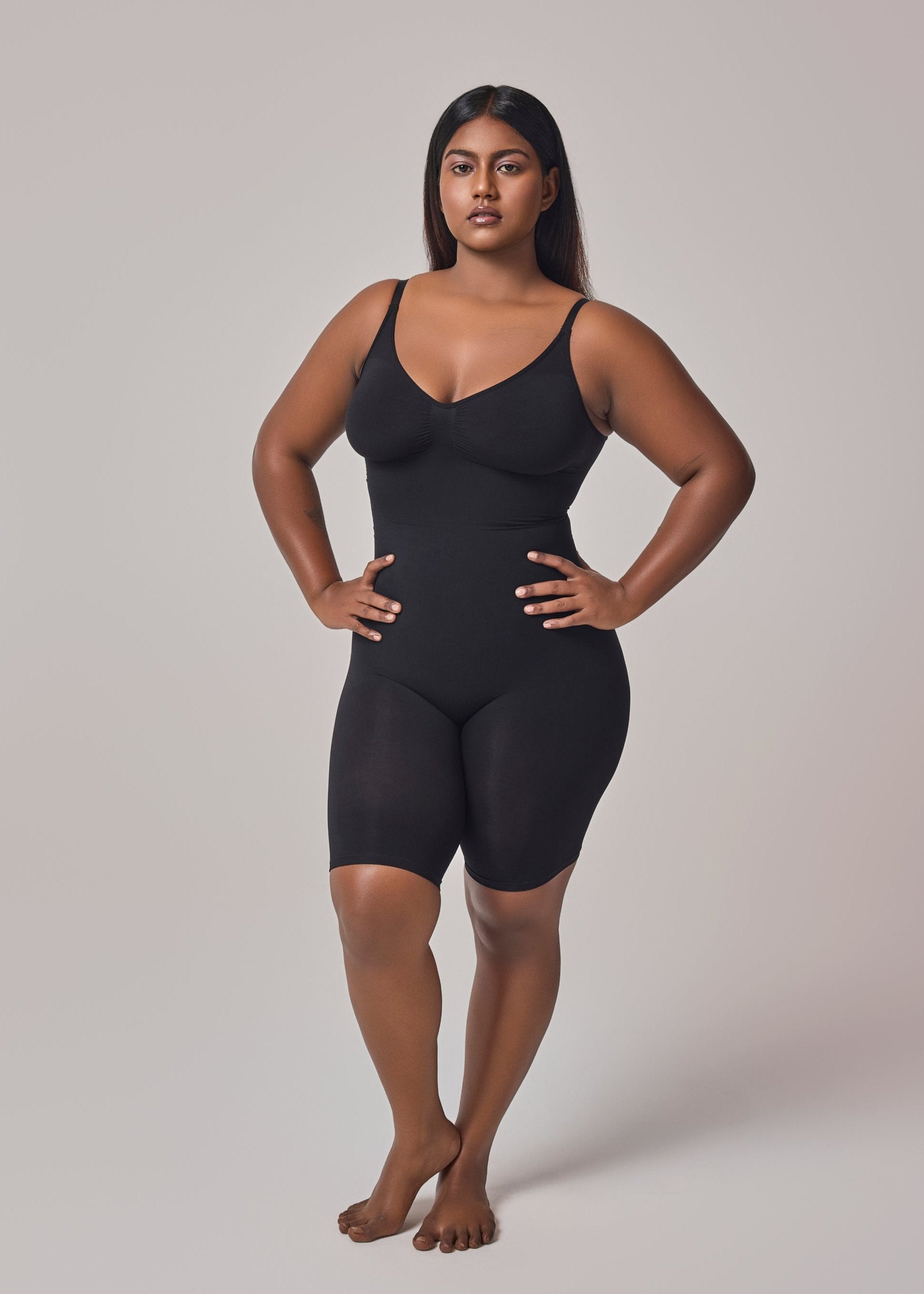 intense mid thigh body shapewear in black color front side