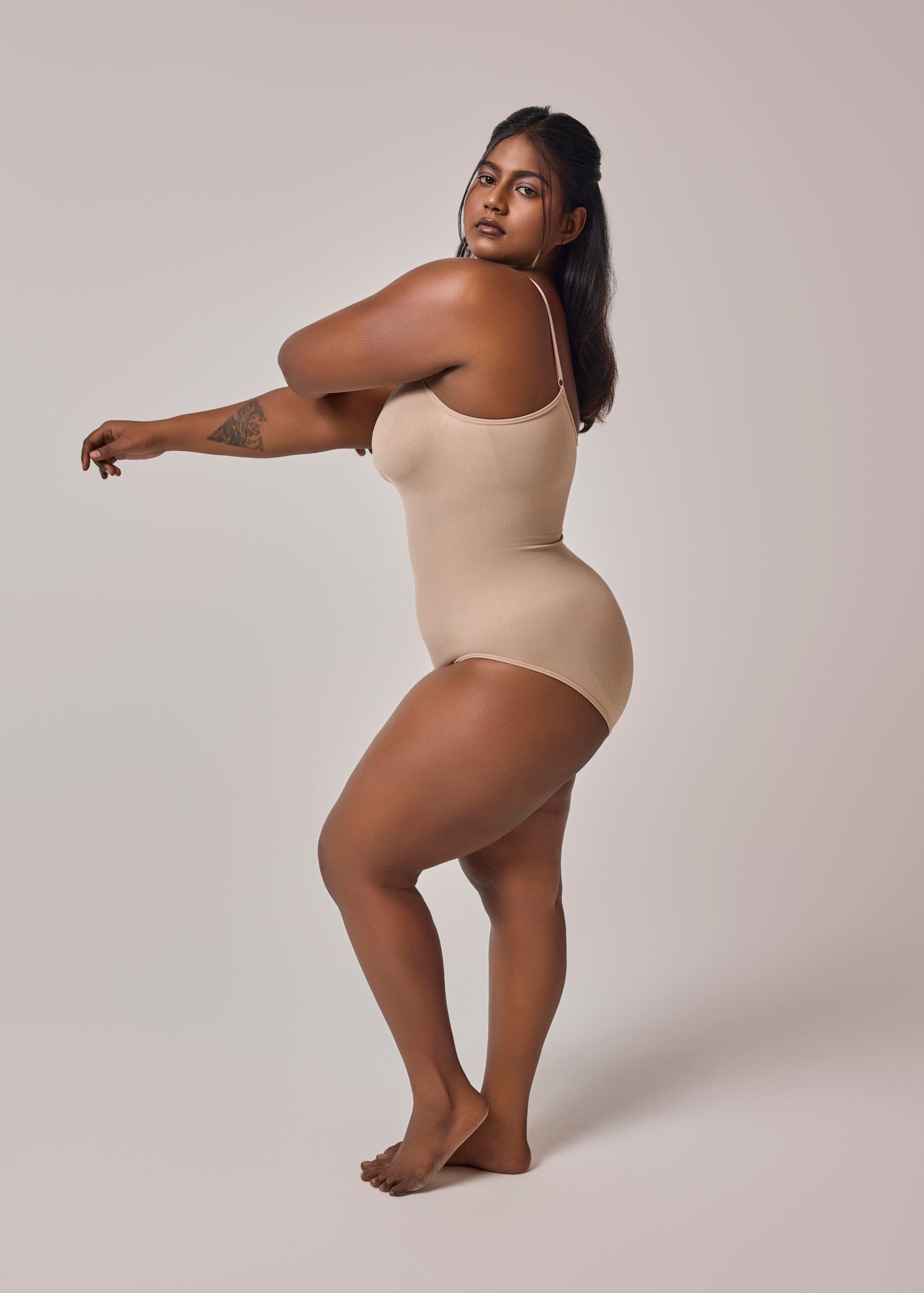 waist snatching bodysuit in beige color