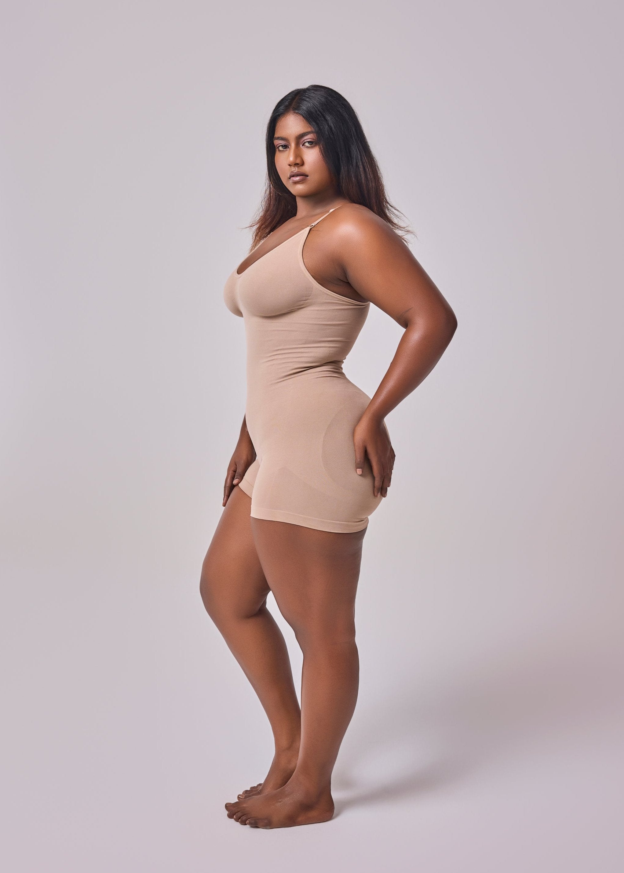 mid thigh bodysuit shaper beige color