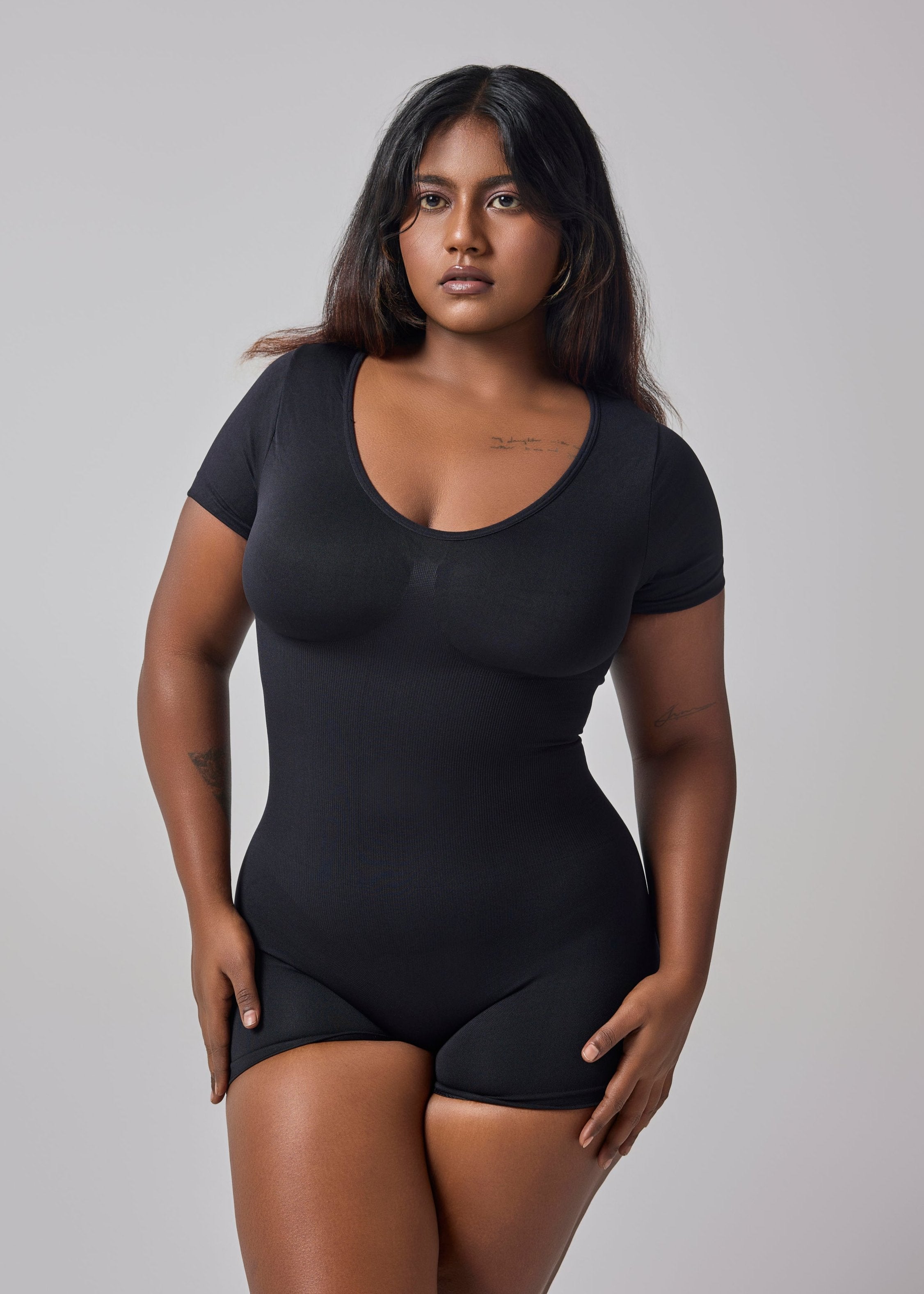 Cap Sleeves Playsuit Bodyshaper in Black Color