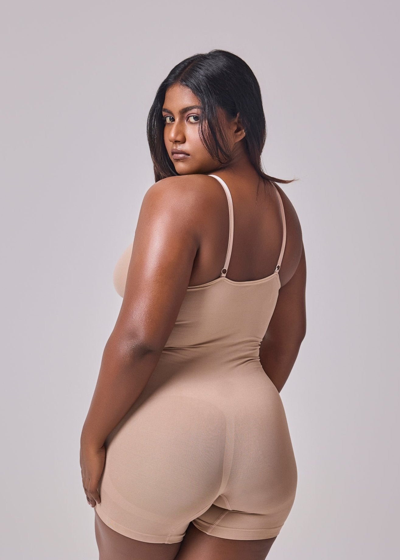 mid thigh shapewear bodysuit beige color