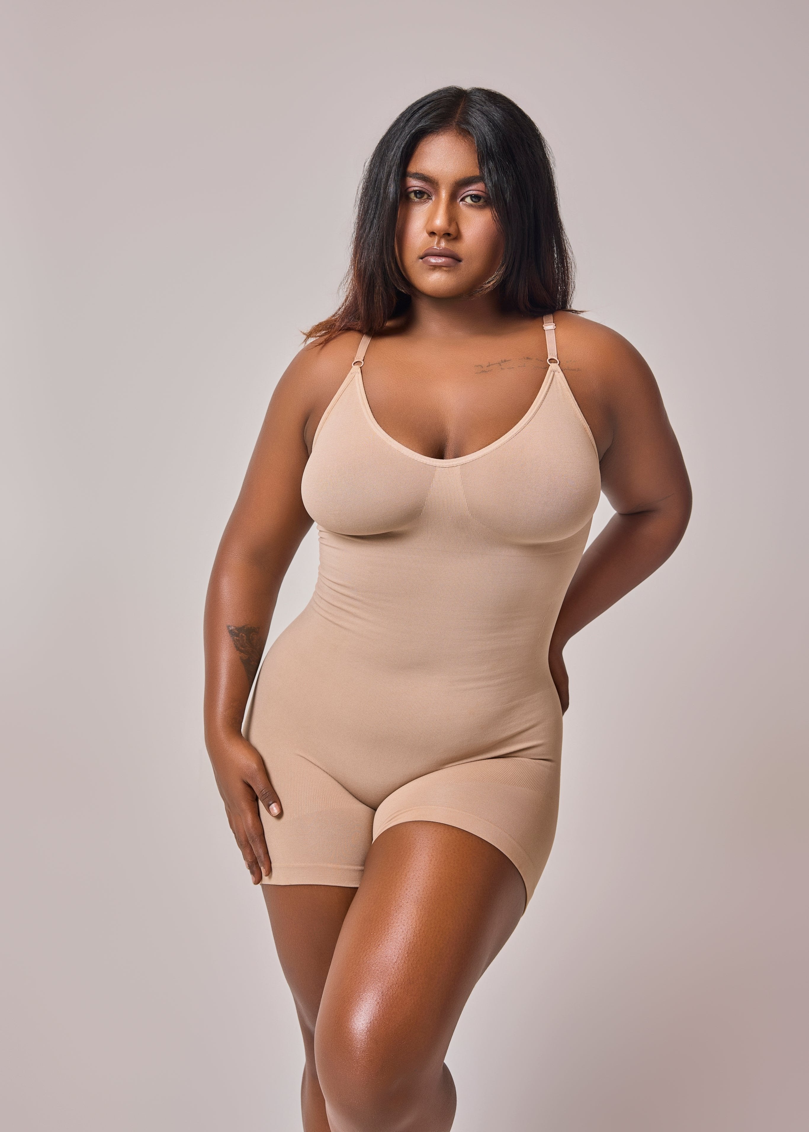 mid thigh bodysuit beige color