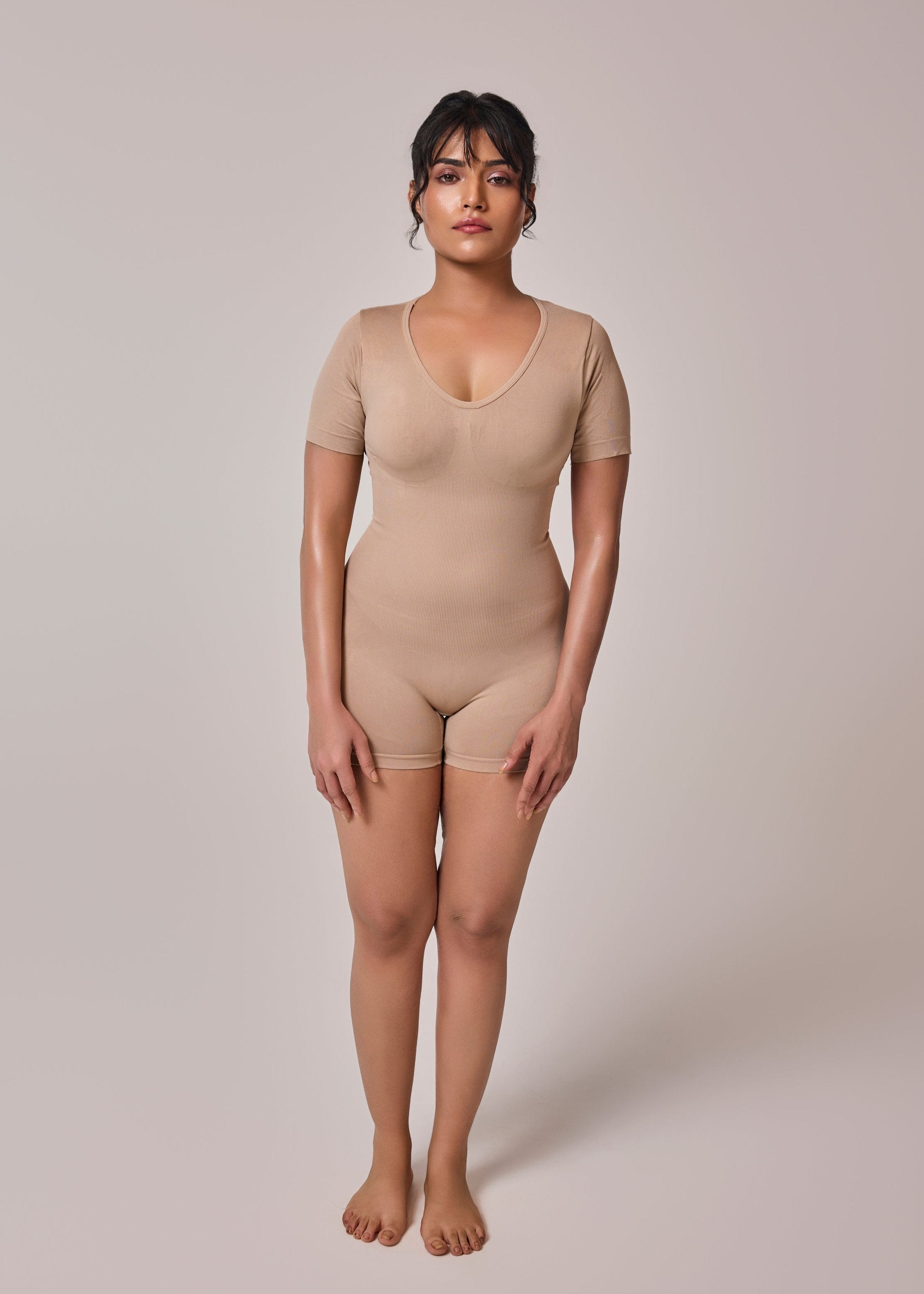 Beige Color Cap Sleeves Playsuit Bodyshaper Front Side View