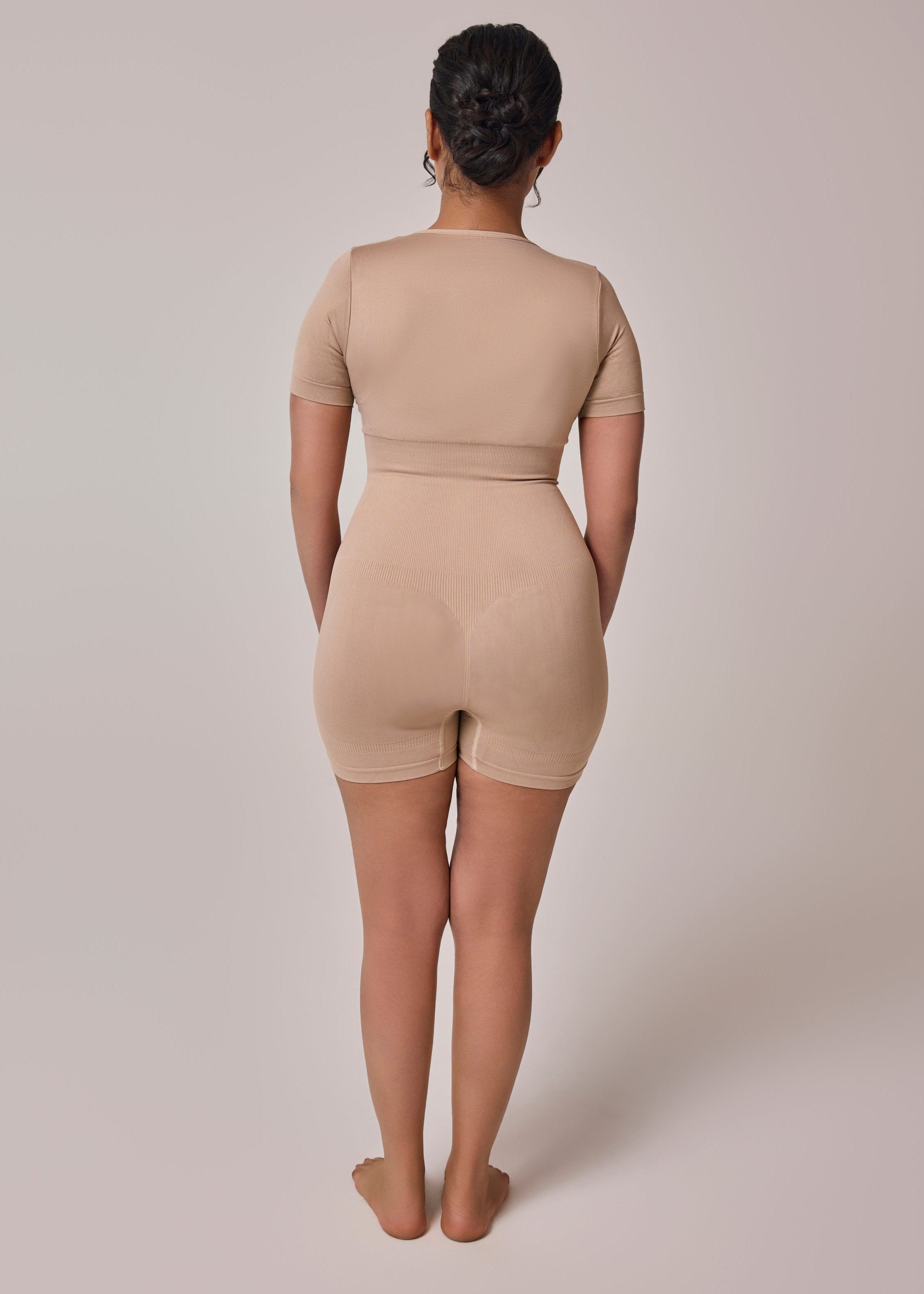 Beige Color Cap Sleeves Playsuit Bodyshaper Back Side View